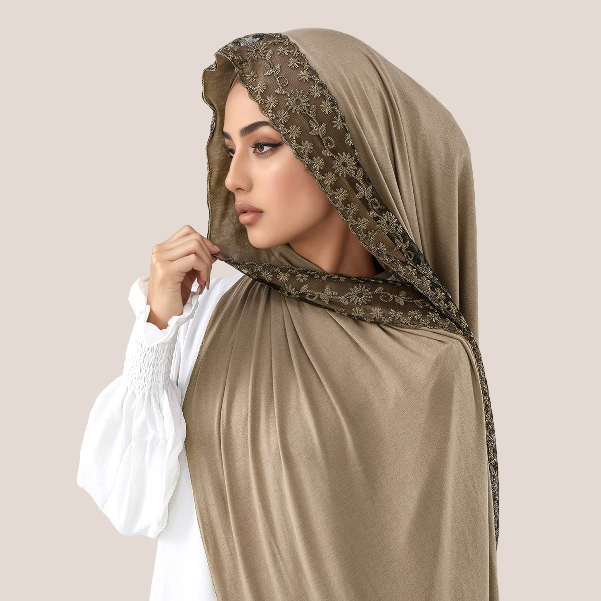 Head Wrap Turban - Dantel İşlemeli Pamuklu Jersey Müslüman Başörtüsü