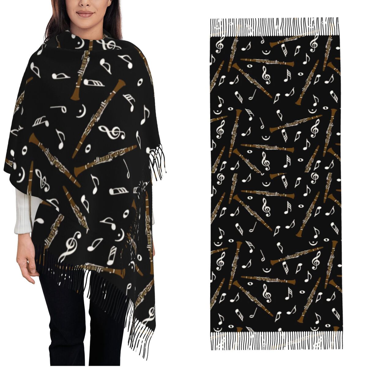 Pashmina Wrap Large - Püsküllü Kadın Eşarpı Klarnet Müzik Notaları