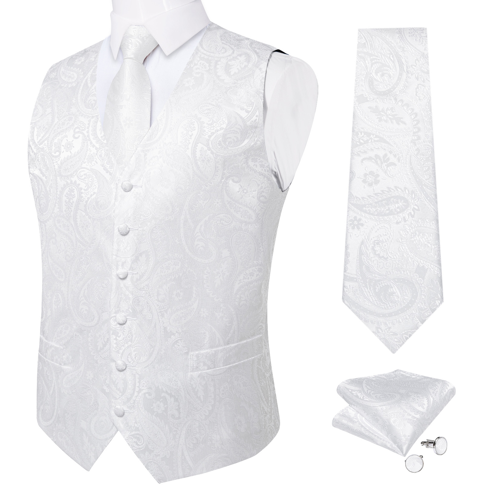 Saf Beyaz Düğün Yelek Adam içi - Pocket Square Set incelemesi ve fiyatı